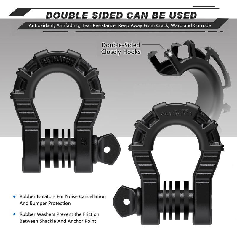 AUTMATCH D Ring الأغلال 3/4 بوصة ميجا تكبل (عبوتان) 68 000 رطل قوة كسر - تكبل Clevis 7/8 بوصة لولبية D تكبل عازل ومجموعة غسالة لحزام السحب ونش استعادة المركبات على الطرق الوعرة، أسود بلوري - Image 2